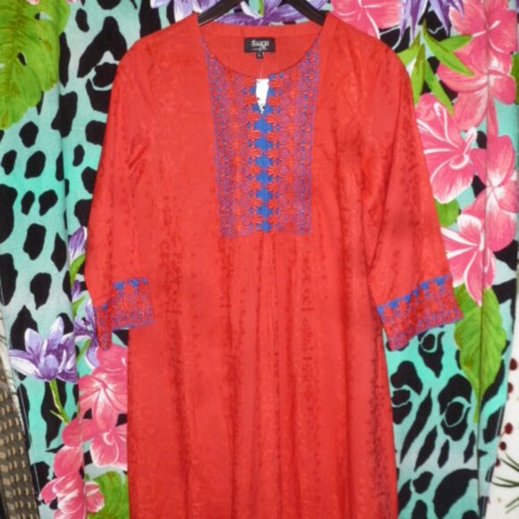 Taaga  Maternity Red printed fabric  Ethnic Dress  w/ Lace decor Size L - Picture 1 of 7